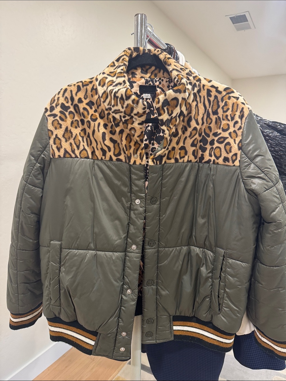 MOTHER Olive Green Bomber Jacket with Leopard Yoke